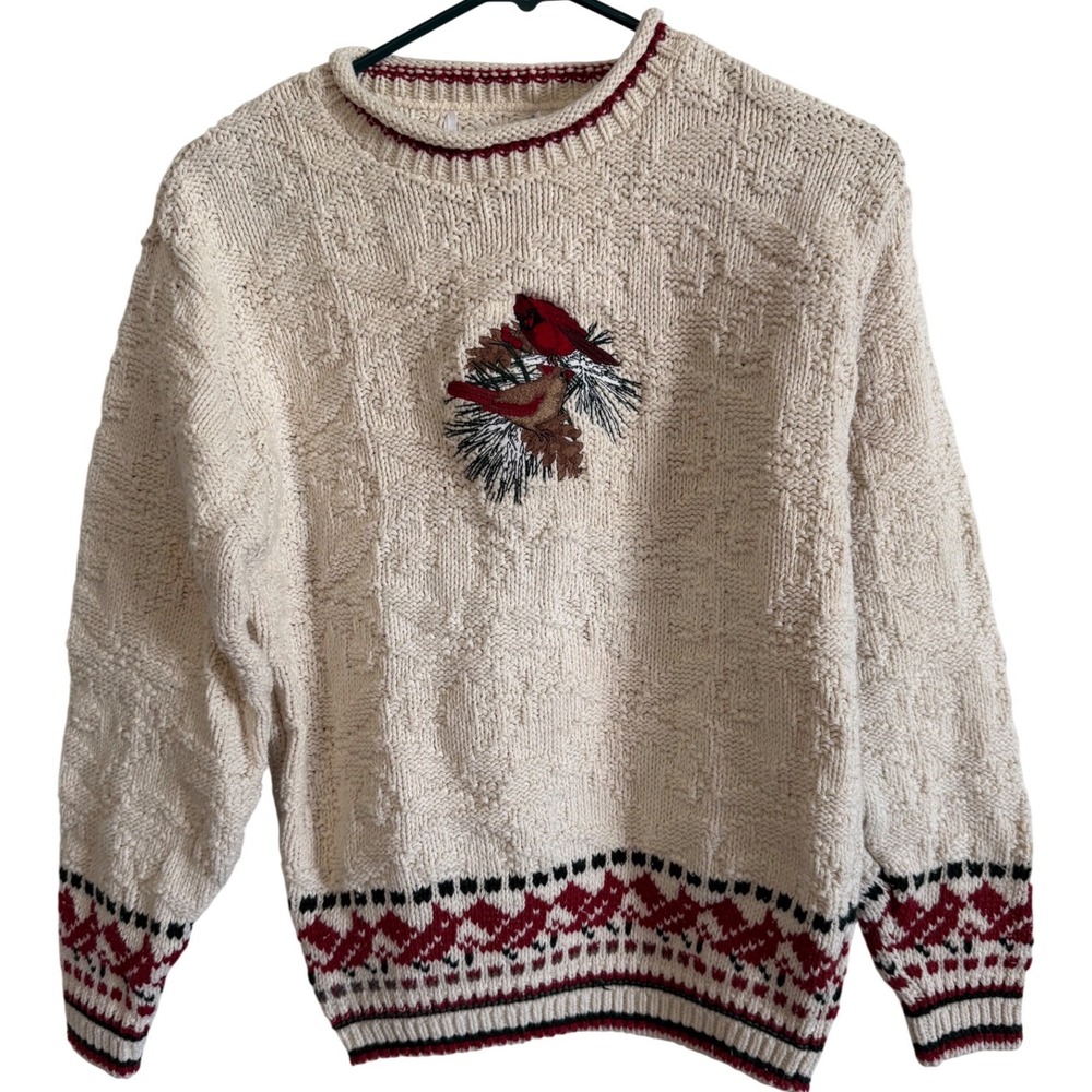 Vintage 90s Womens Cardinal bird embroidered small cotton Sweater patterned 80s